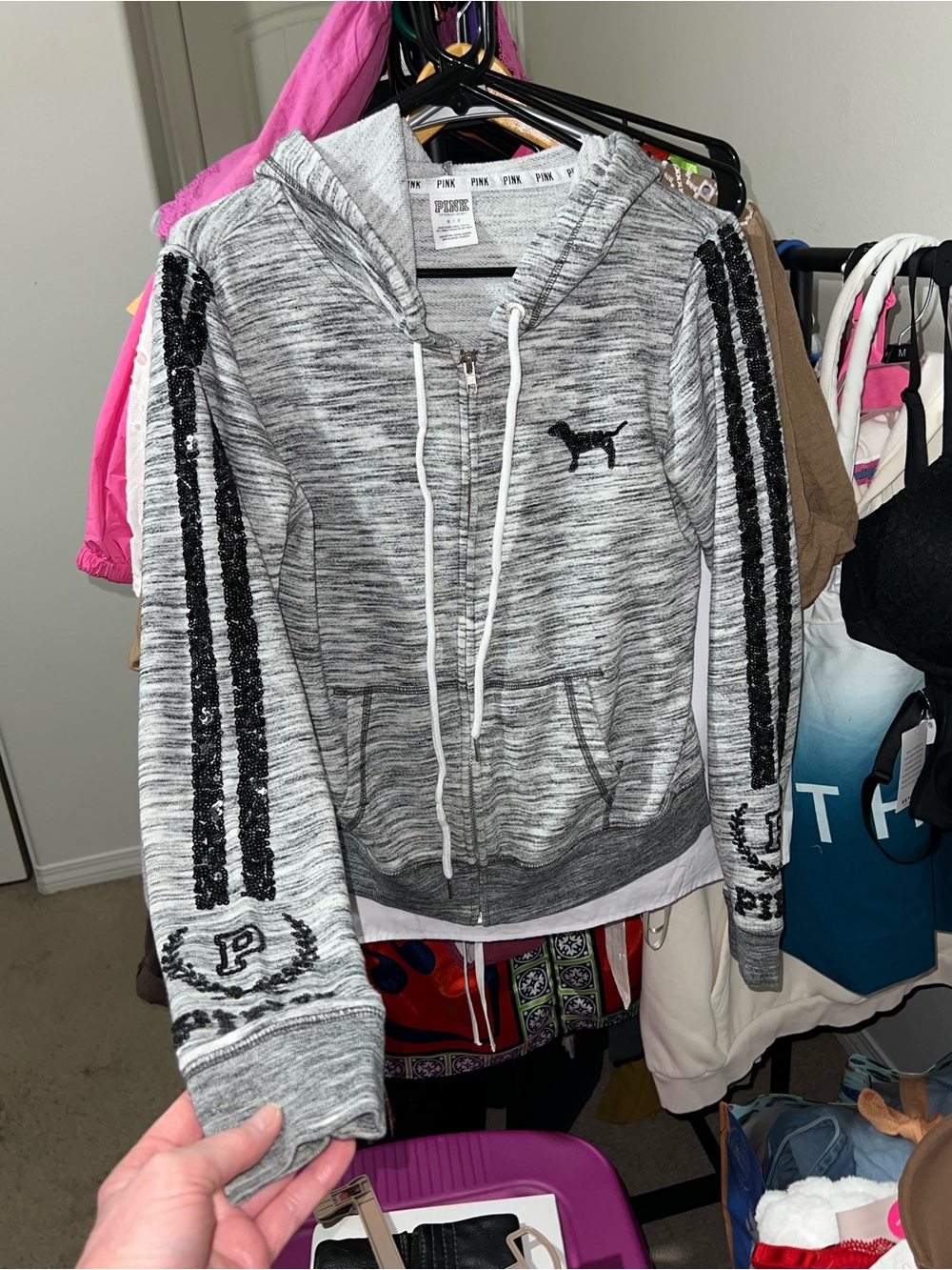 Vintage PINK Victoria's Secret Gray Marled Sequin Bling Logo Hoodie & Jogger Set - Picture 10 of 16